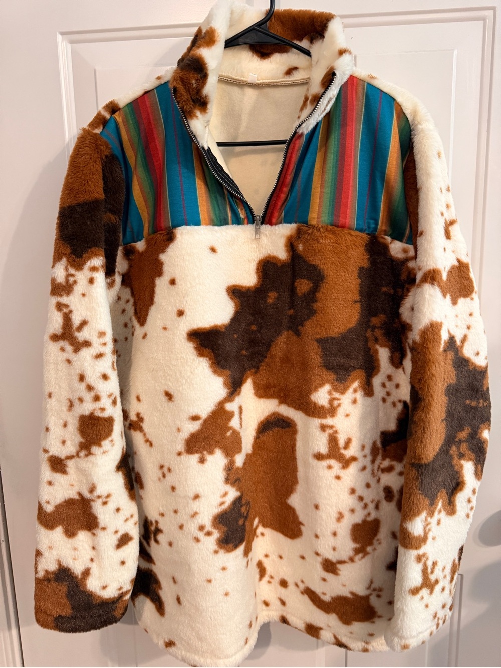 Brown & Cream Fleece Pullover Sweater with Striped Yoke